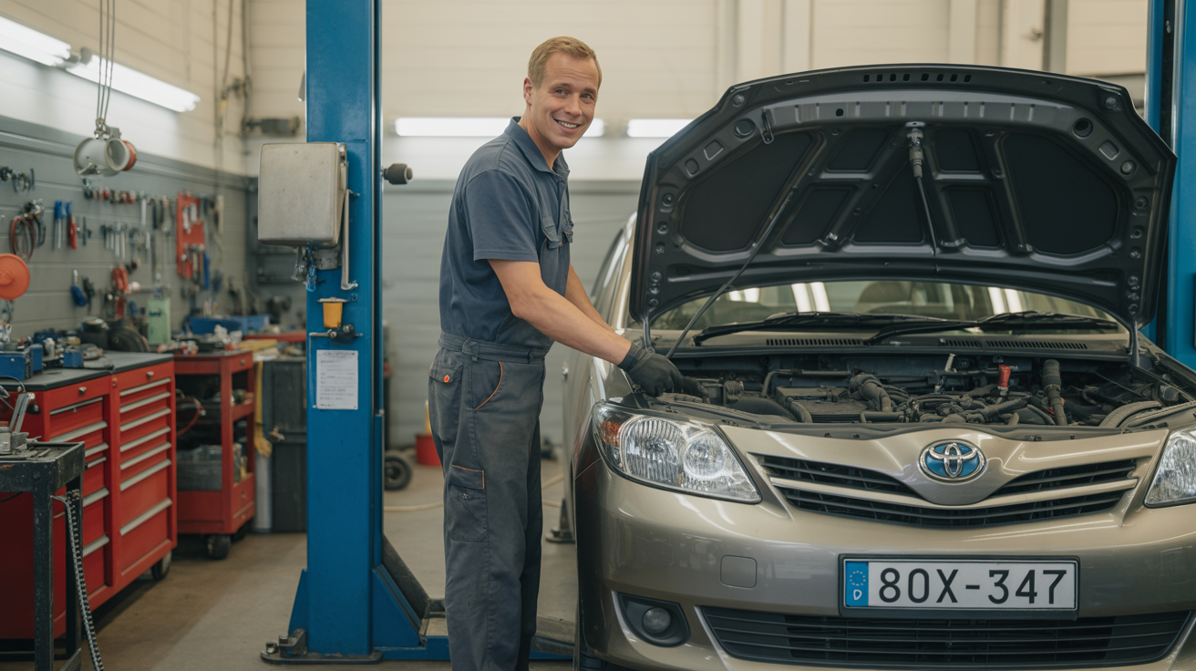 Mekaniker arbetar med vanlig familjebil